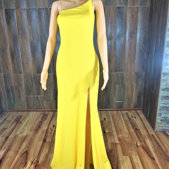 LA Femme Yellow One Shoulder Jersey Slit Gown NWOT - Picture 6 of 7